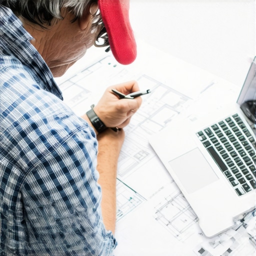 A homeowner reviewing deck plans on a laptop with blueprints nearby.