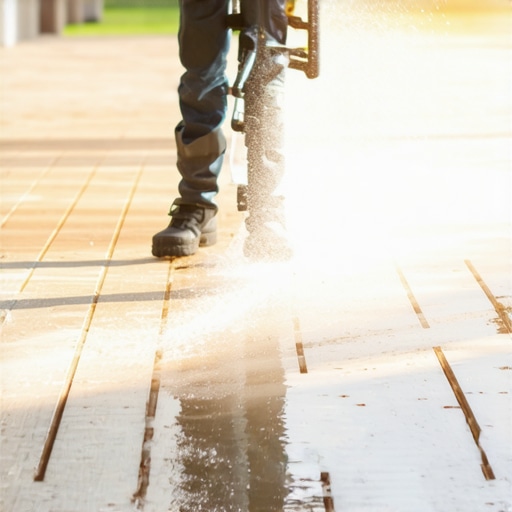 Power Cleaning Your Needham Deck Homeowner cleaning deck with pressure washer, showcasing equipment and surface care, bright sunny day.
