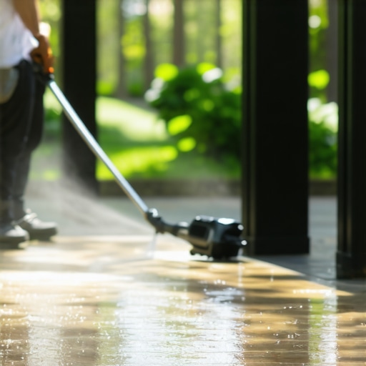 Professional power washing a wooden deck in Needham using a Sun Joe pressure washer, demonstrating effective cleaning techniques