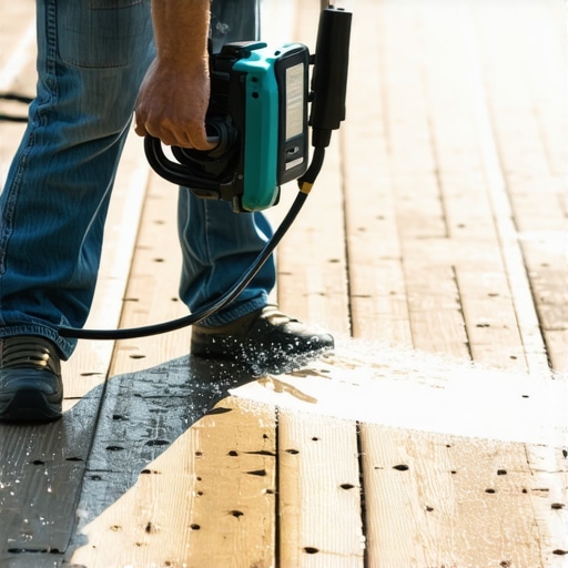Power Washing a Deck Homeowner spray-cleaning wooden deck with a power washer, highlighting maintenance tools.