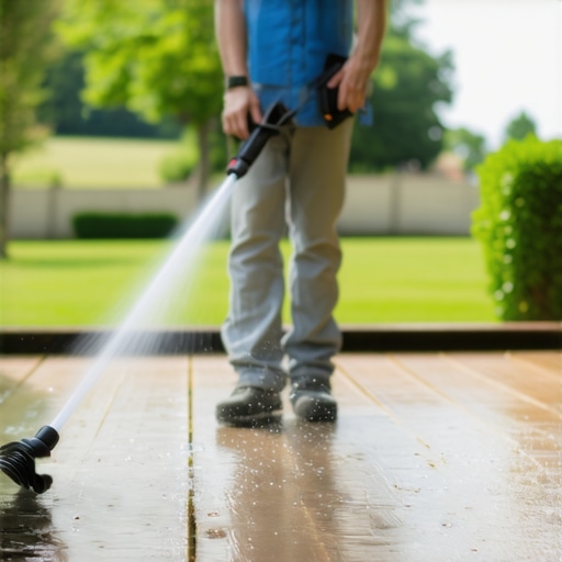 Person cleaning a deck with a power washer to remove dirt and mildew.