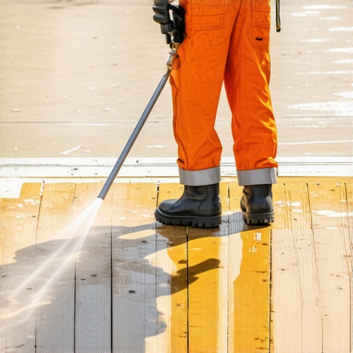 A person cleaning a wooden deck with a power washer to maintain its appearance.