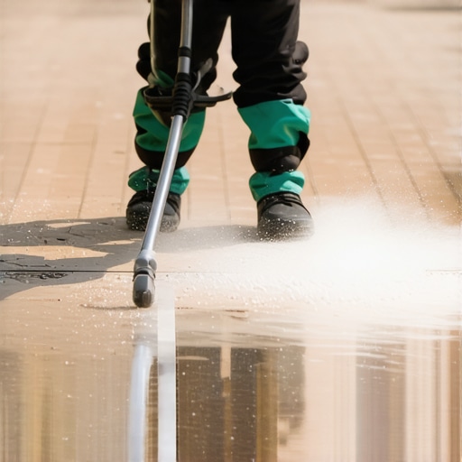 A professional using a power washer on a wooden deck to remove dirt and grime.