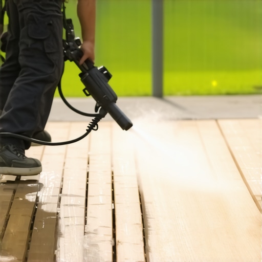 Person using pressure washer on a clean wooden deck