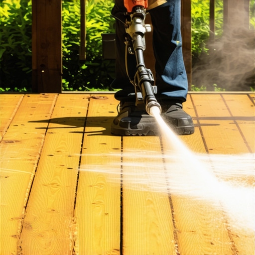 Power Washing for Deck Maintenance A person using a pressure washer to clean a wood deck, highlighting maintenance tools.