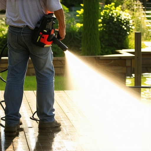 Person cleaning a wooden deck with power washer to remove dirt and grime