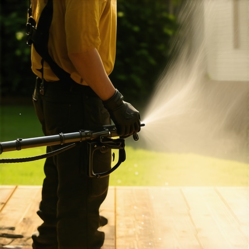 Homeowner cleaning deck with power washer in Needham