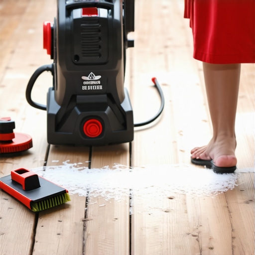 A person using a power washer to clean a wooden deck.