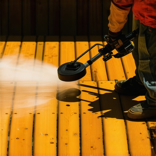 Homeowner cleaning deck with pressure washer to remove dirt and mold.