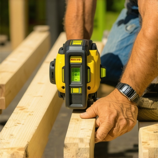 Close-up of a laser measuring tool aligning deck joists for proper spacing