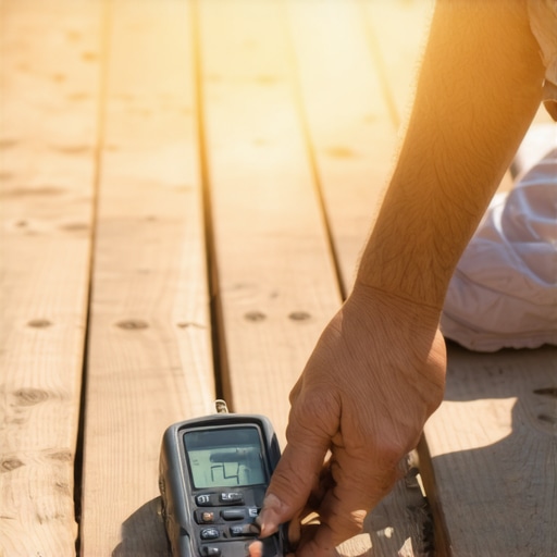 Person testing wood moisture content with a digital meter on a deck