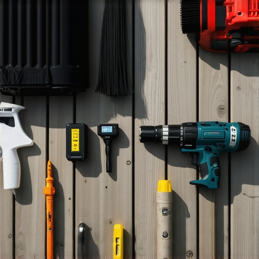 A collection of high-quality tools used for deck maintenance, including a pressure washer, cordless drill, laser measure, and brushes.