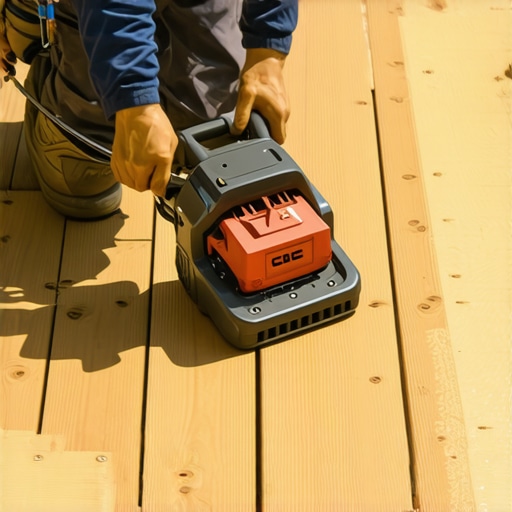 Technician inspecting and maintaining a wooden deck with specialized tools.
