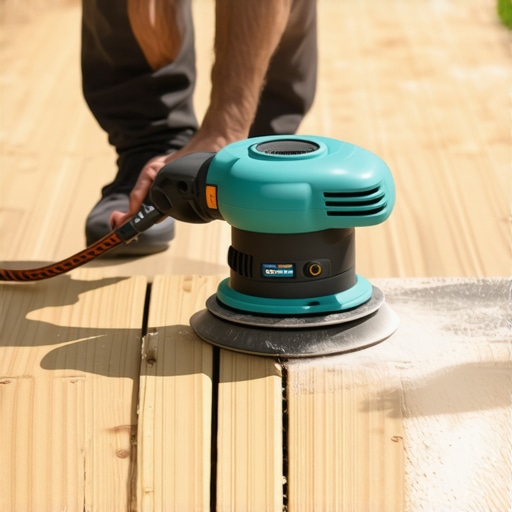 Person sanding a composite deck with a state-of-the-art orbital sander, dust being collected efficiently.