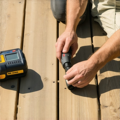 Homeowner using a moisture meter and impact driver to maintain a wooden deck outdoors.