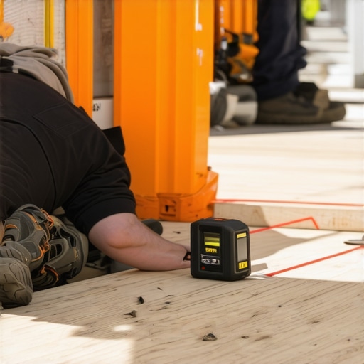 Person using laser level to mark foundation for wood deck construction.