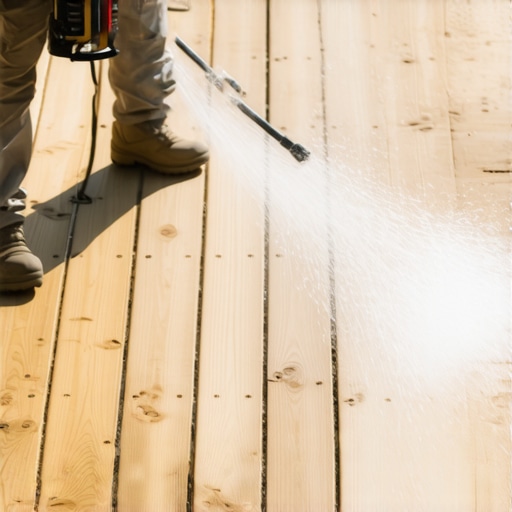 Proper deck maintenance with pressure washer Homeowner cleaning deck with pressure washer to highlight maintenance tools.