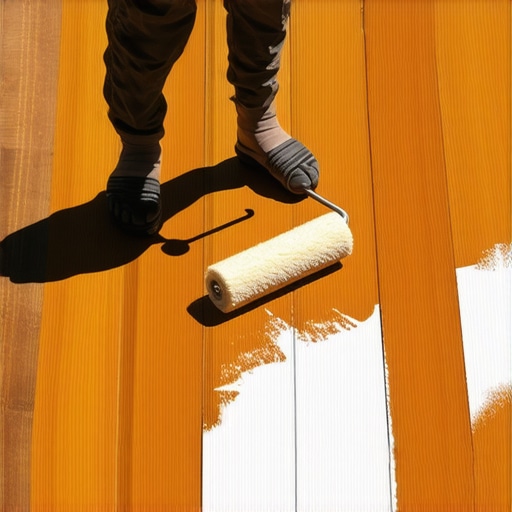 Worker applying stain to deck with roller and brush