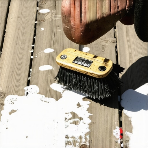Person cleaning a wooden deck surface with a brush and bleach for mold removal.