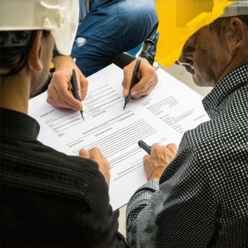 Homeowner analyzing contract documents with contractor during deck project planning