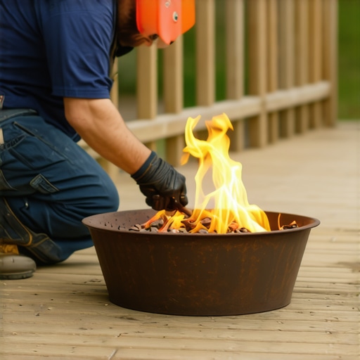 A person placing a fire pit on a wooden deck with clear safety distances and a heat-resistant base