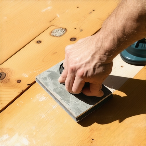 A person sanding a cedar deck to prepare for staining in Needham