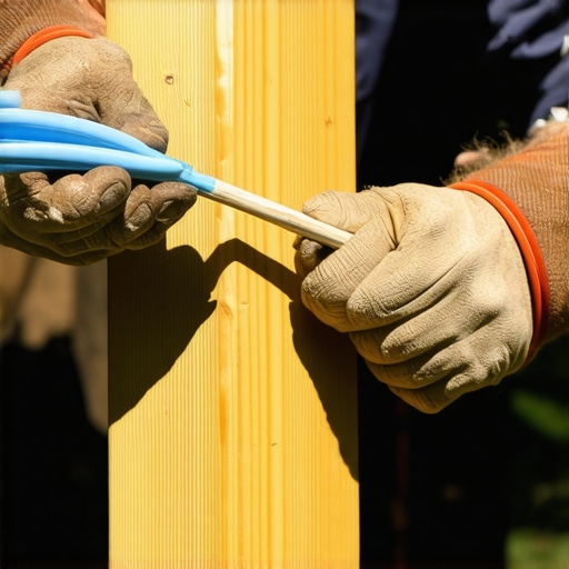 Applying weatherproof sealant to a wooden deck post with a caulking gun in outdoor sunlight.