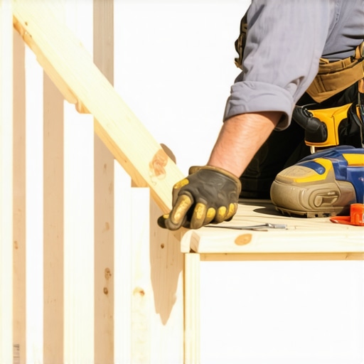 Man tightening screws on wooden deck stairs to ensure stability.