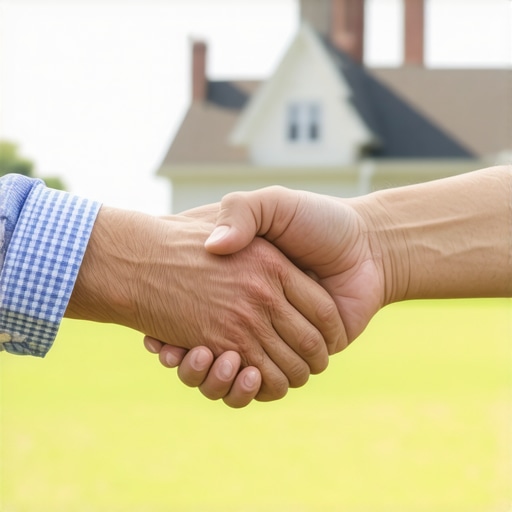 Selecting the Right Deck Contractor in Needham Contractor and homeowner shaking hands with Needham town hall visible in background.