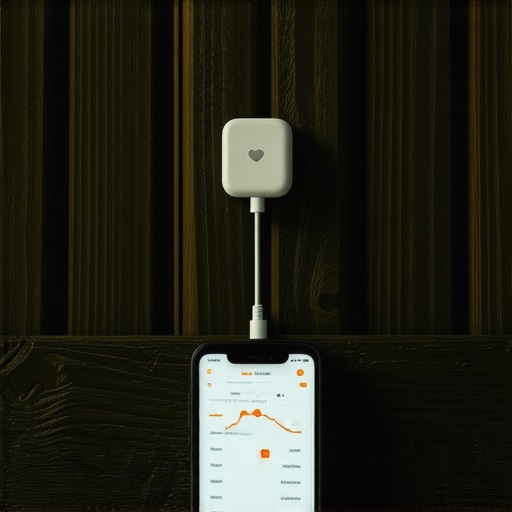 A modern smart moisture sensor device installed on a wooden deck, displaying data on a screen