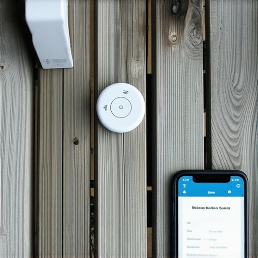 Homeowner monitoring moisture levels on a smartphone app, connected to sensors beneath a wooden deck.