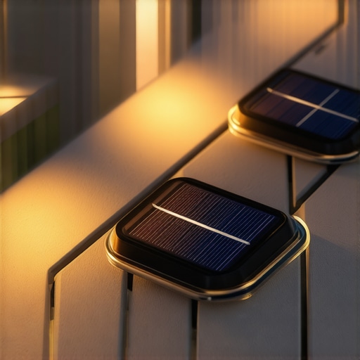 Close-up of solar deck lights installed along a Needham backyard deck at sunset, showcasing durability and brightness