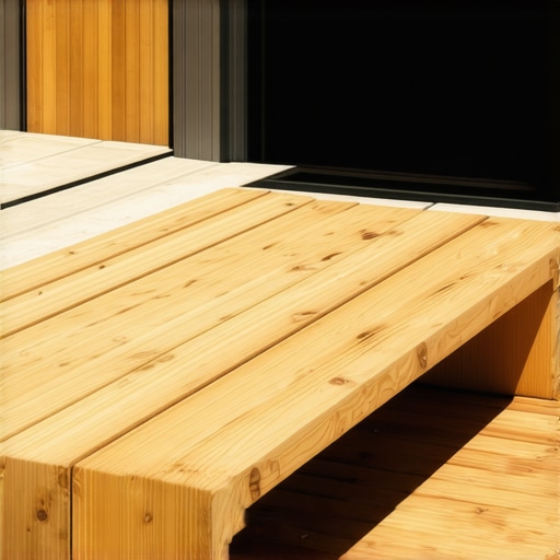 A contemporary wooden outdoor bench on a Needham deck with cushions and minimalistic decor
