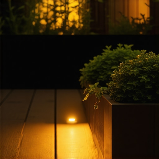 Stylish composite deck in a small yard Composite decking with lights and plants in a small yard