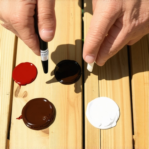 A person applying various stain samples on small sections of a wooden deck showing color differences under sunlight.