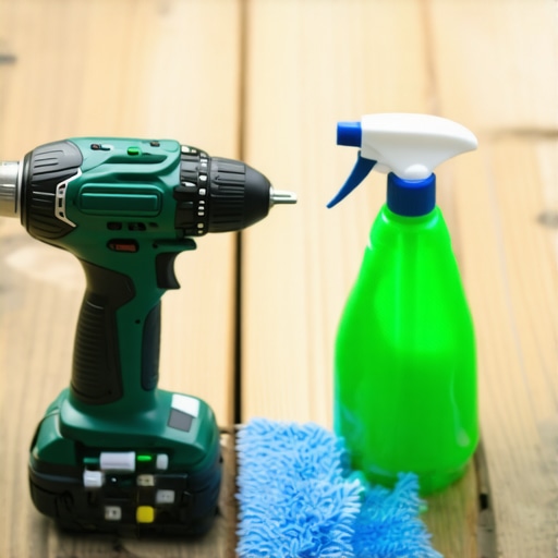 A cordless drill, eco-friendly cleaning solution, and a deck scraper on a wooden deck surface.