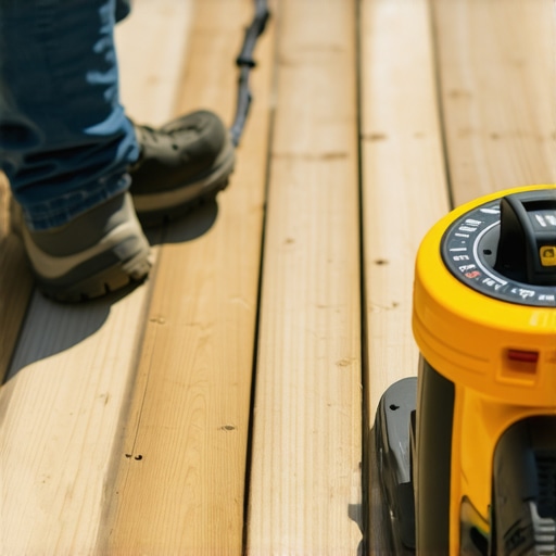 Homeowner inspecting and cleaning a wooden deck with professional tools