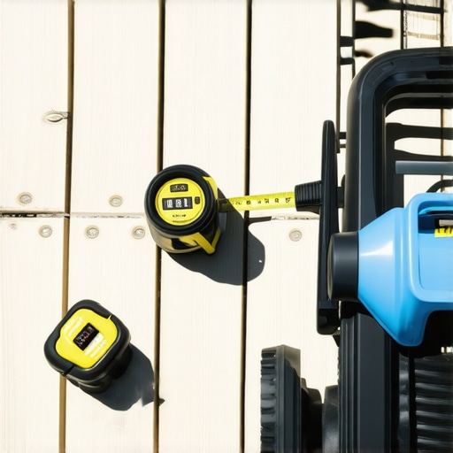 Professional pressure washer, tape measure, and cleaning supplies for deck care.