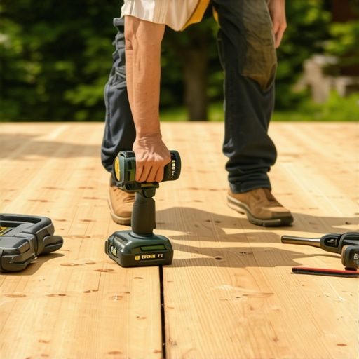 A deck builder tightening screws with a cordless impact driver on a suburban deck in Needham.