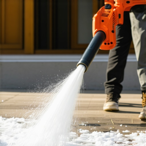 Person using a cordless leaf blower to clear snow from a composite deck during winter