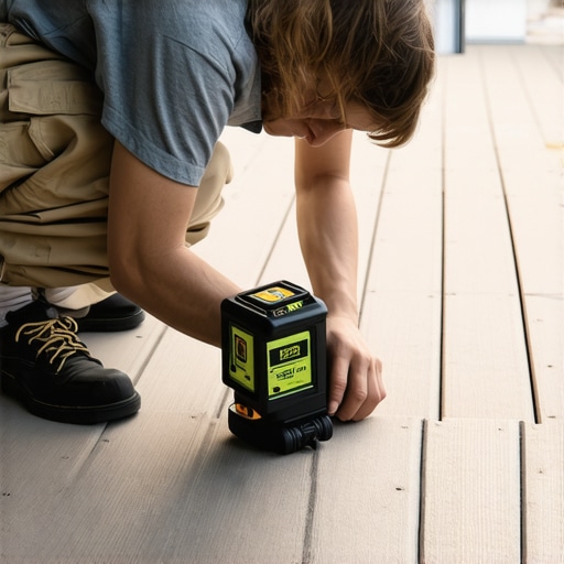 Person aligning deck beams with a laser level for precision