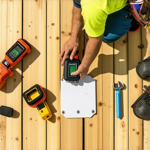 Deck builder applying a laser level to ensure accurate alignment during deck repair