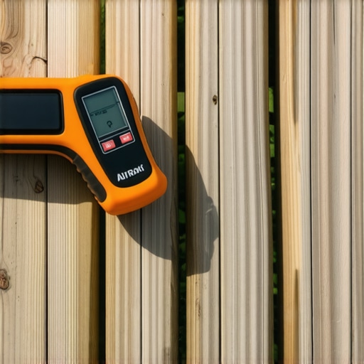 Homeowner testing moisture levels on a wooden deck with a digital meter in Needham