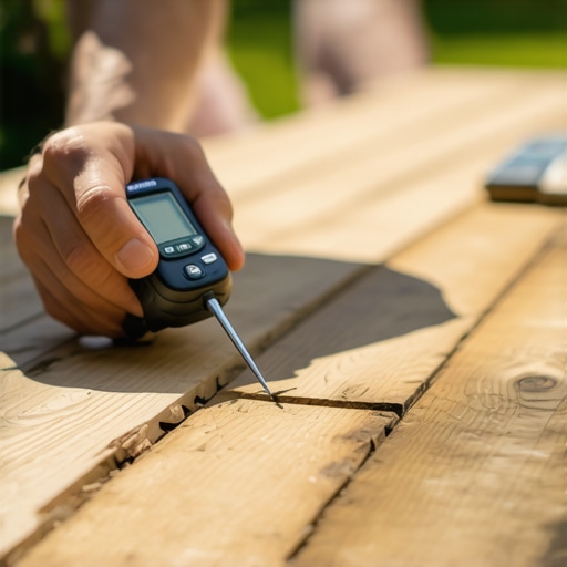 A homeowner checking moisture levels on a wooden deck with a moisture meter during routine maintenance in Needham.
