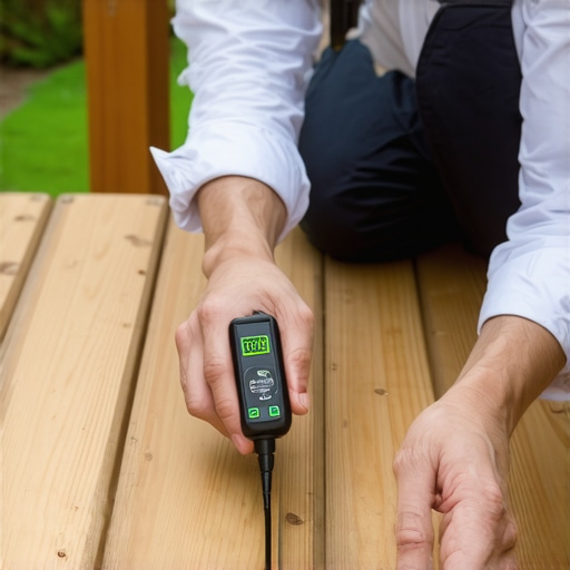 Homeowner testing wood moisture levels on a Needham deck with a moisture meter