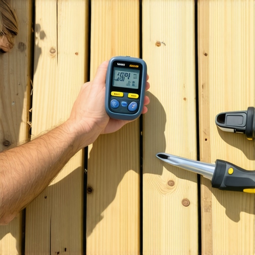 Homeowner measuring moisture content on deck surface with digital moisture meter during maintenance.