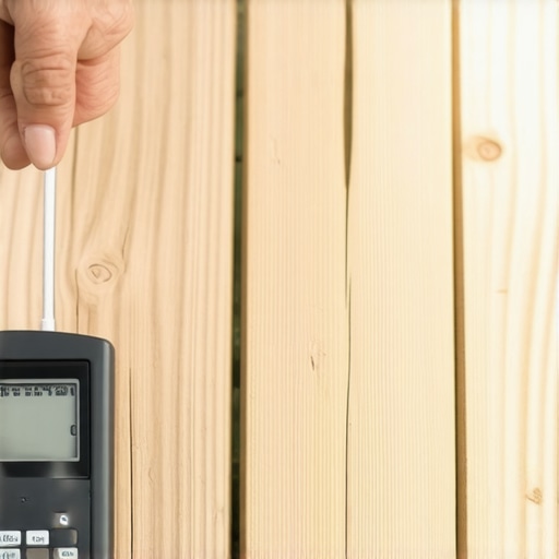 A person testing wood moisture levels on a deck with a digital moisture meter