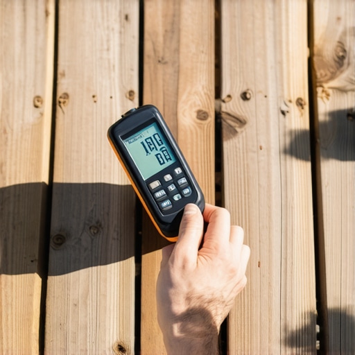 Homeowner testing wood moisture level on deck with a handheld device