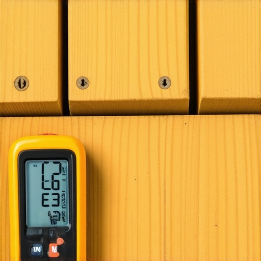 Person checking moisture level in wooden deck with a digital moisture meter