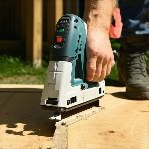 A person carefully scrapes and sands a wooden deck with an oscillating multi-tool, ensuring detailed cleaning and repair.